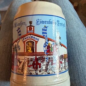 Ceramic Beer Stein with Blue and Cream Design